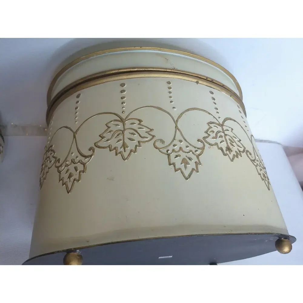 Vtg Ornate Embossed Metal Round Box Gold Cream Floral Footed Hollywood Regency